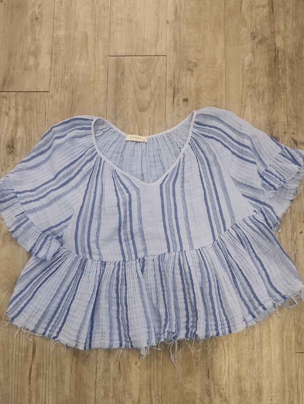 Stark X Light Blue Striped Peasant Boho Top 100 % Cotton